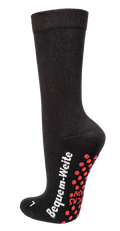 Zeigt die schwarze Socke mit Rotem abs-Druck und mit weißem Logo an der Seite.