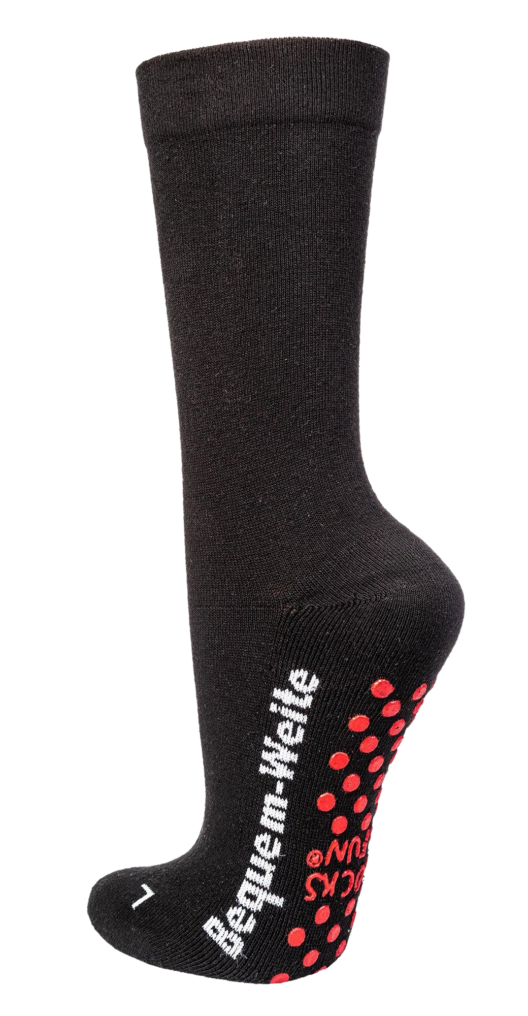 Zeigt die schwarze Socke mit Rotem abs-Druck und mit weißem Logo an der Seite.