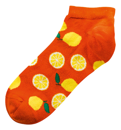 3 Paar bunte Früchte Sneaker Socken mit lebendigem Zitronen-Muster auf orangefarbenem Hintergrund, kurze Baumwollsocken für Damen und Teenager im sommerlichen Design