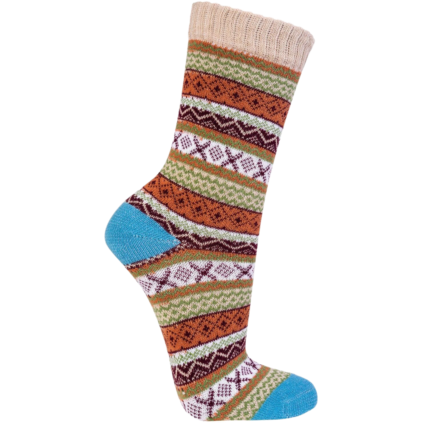 Zeigt eine Norwegersocke die bunt ausgebildet wurde. Die Ferse und die Spitze sind blau abgesetzt. Warme Socken für den täglichen gebrauch.