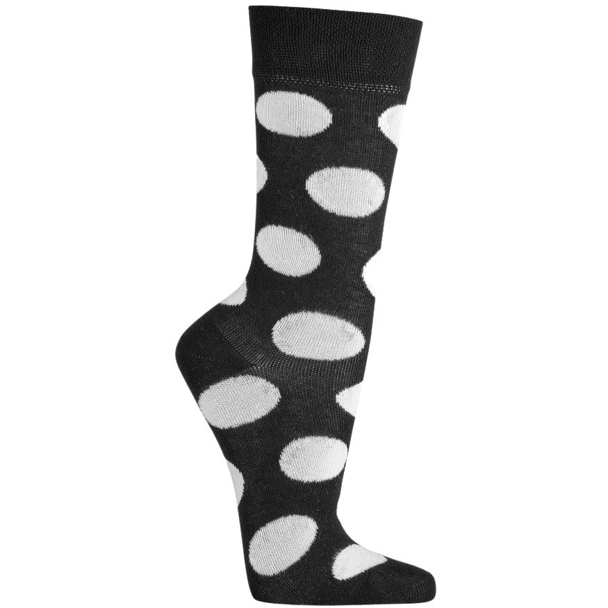 Das Bild zeigt die Socke in schwarz mit großen weißen punkten versehen. Ein breiter bund sorgt für komfort.