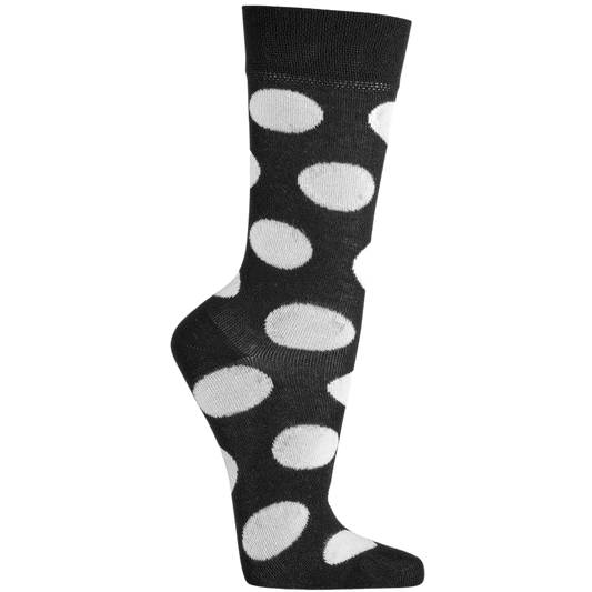 Das Bild zeigt die Socke in schwarz mit großen weißen punkten versehen. Ein breiter bund sorgt für komfort.