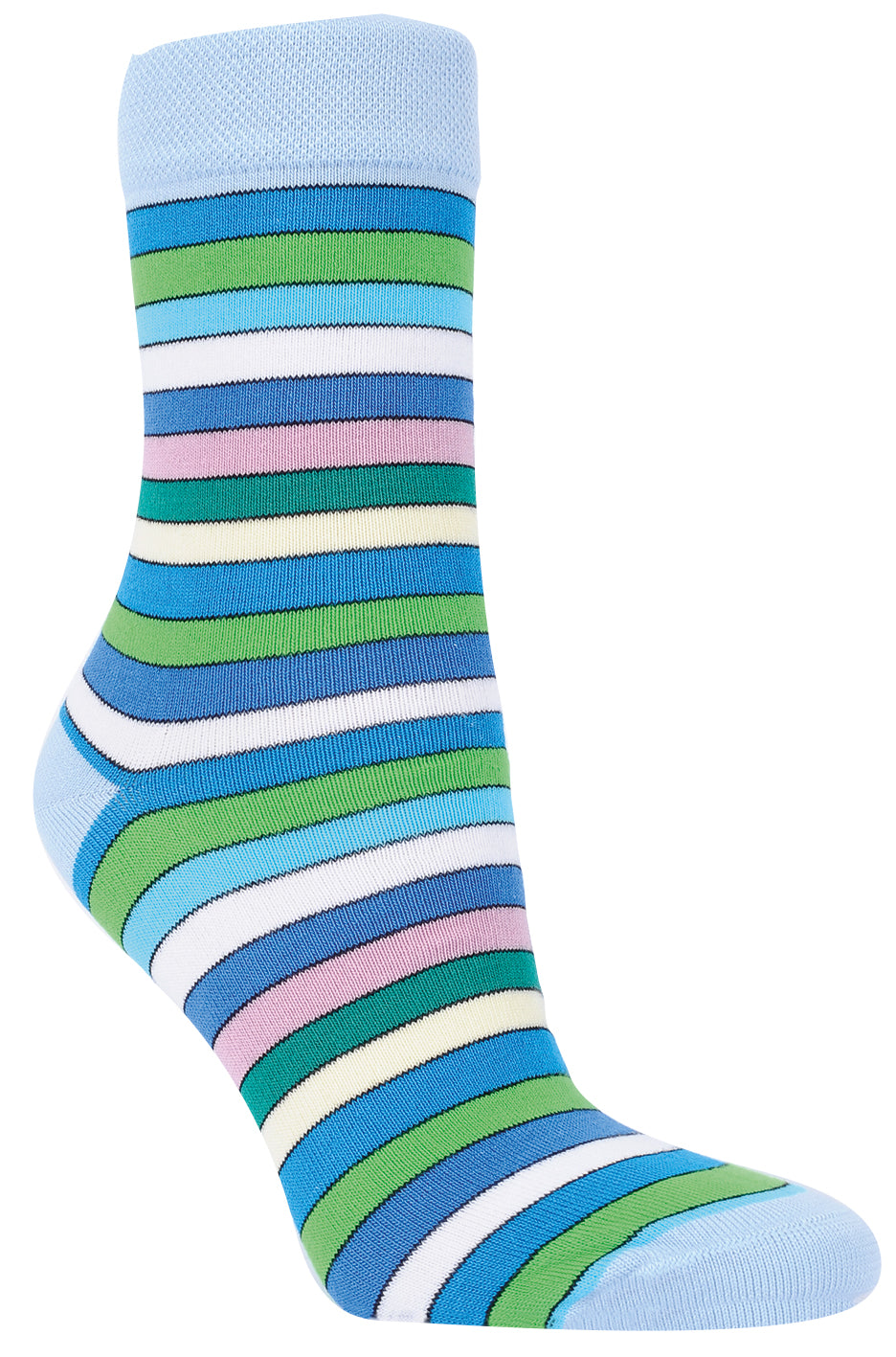 Auf dem Bild siehst du  Bambus Viskose Ringelsocken für Damen in blau weiß grünen Streifen.