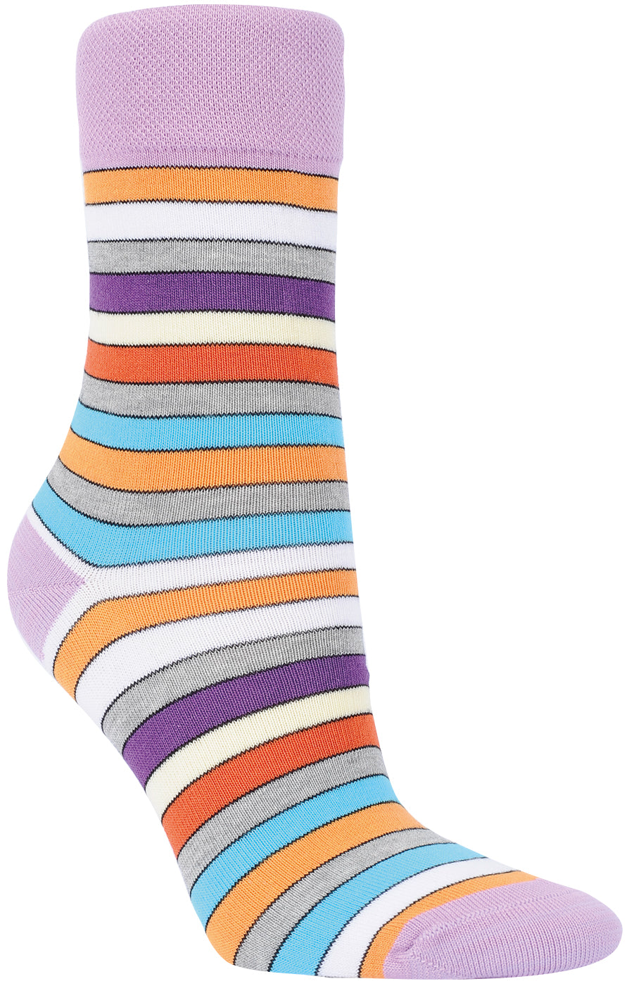 Auf dem Bild siehst du  Bambus Viskose Ringelsocken für Damen in rosa weiß lila Streifen.