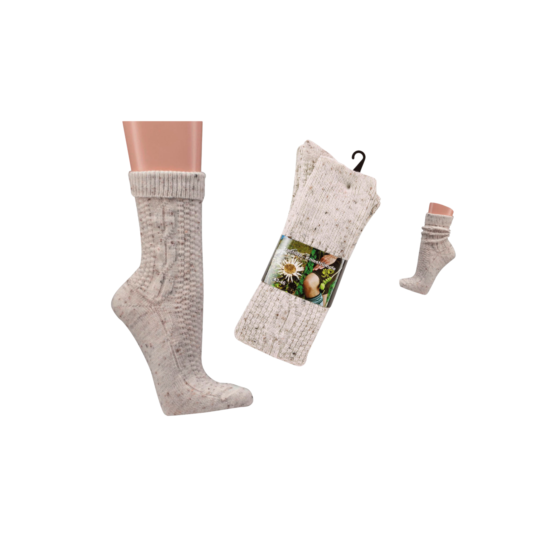 2 Paar Trachtensocken mit Wolle Zopfmuster: Beige Tweedgarn Landhaussocken mit traditionellem Zopfmuster, extra langem Schaft und natürlichem Tweed-Look, perfekt für Trachtenmode und Dirndl, aus Wolle-Polyacryl-Mischung