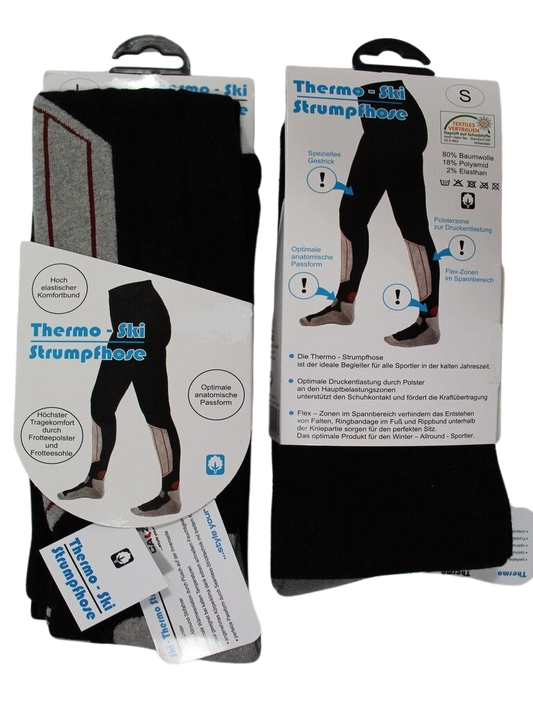 Thermo-Ski-Strumpfhose in Verpackung. Die Verpackung zeigt eine Abbildung der schwarzen Thermo-Strumpfhose mit verstärkten Polsterzonen und Flex-Zonen