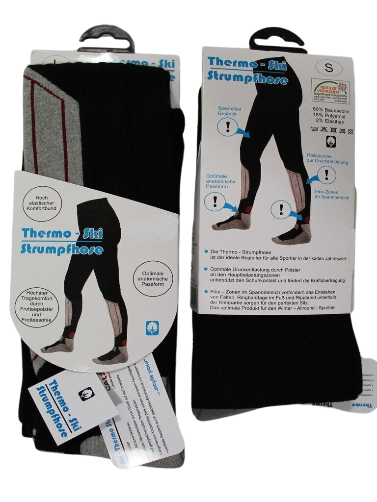 Thermo-Ski-Strumpfhose in Verpackung. Die Verpackung zeigt eine Abbildung der schwarzen Thermo-Strumpfhose mit verstärkten Polsterzonen und Flex-Zonen