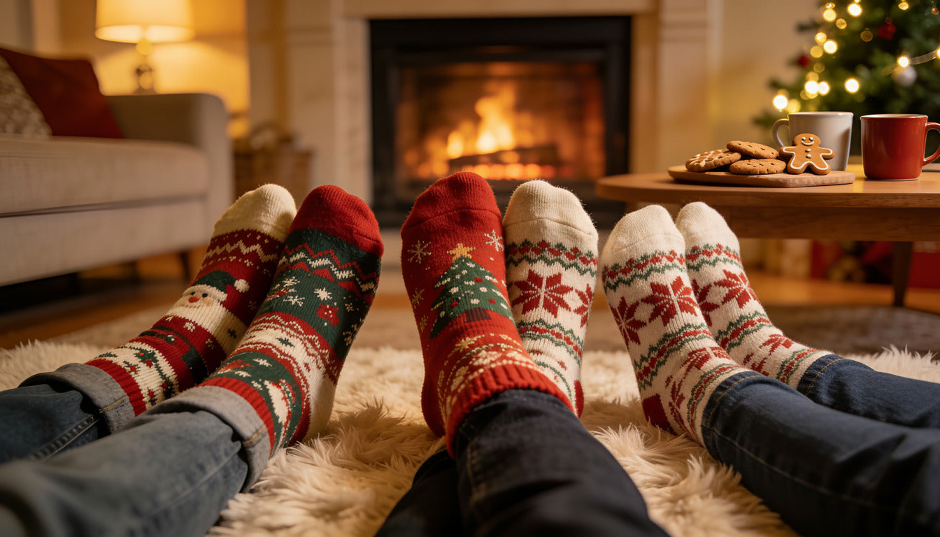 Das Bild zeigt Füße in schönen Weihnachtssocken vor einem Kamin in gemütlicher Plätzchen Tee Atmosphäre.