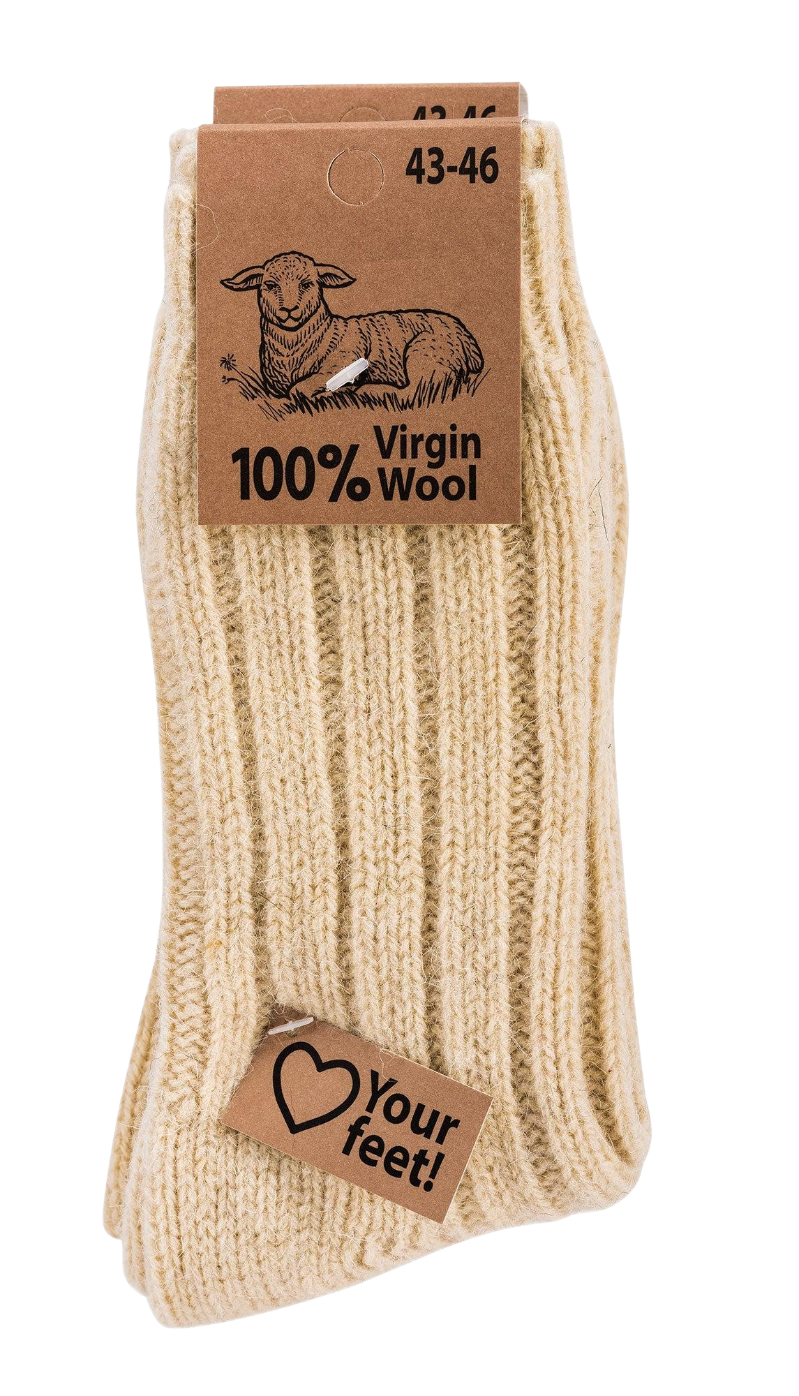 2 Paar warme Wollsocken 100% Virgin Wool in naturfarben, grob gestrickt, mit brauner Verpackung und Schaf-Logo, Größe 43-46, perfekt für kalte Tage, mit Love Your Feet Etikett