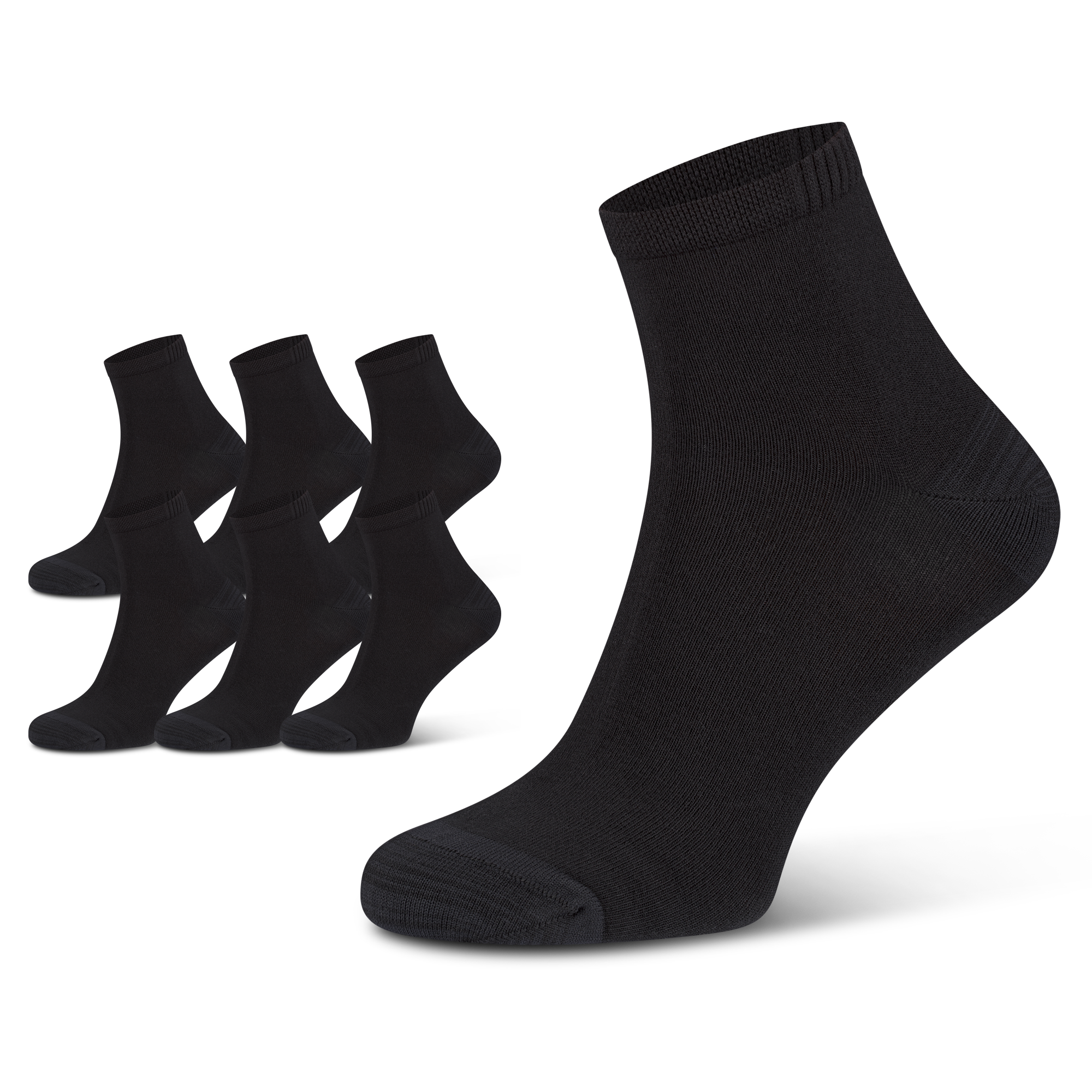 Schwarze bamboo:line Kurzschaft Socken aus Bambus Viskose in einer Produktansicht mit mehreren Socken und großer Detaildarstellung