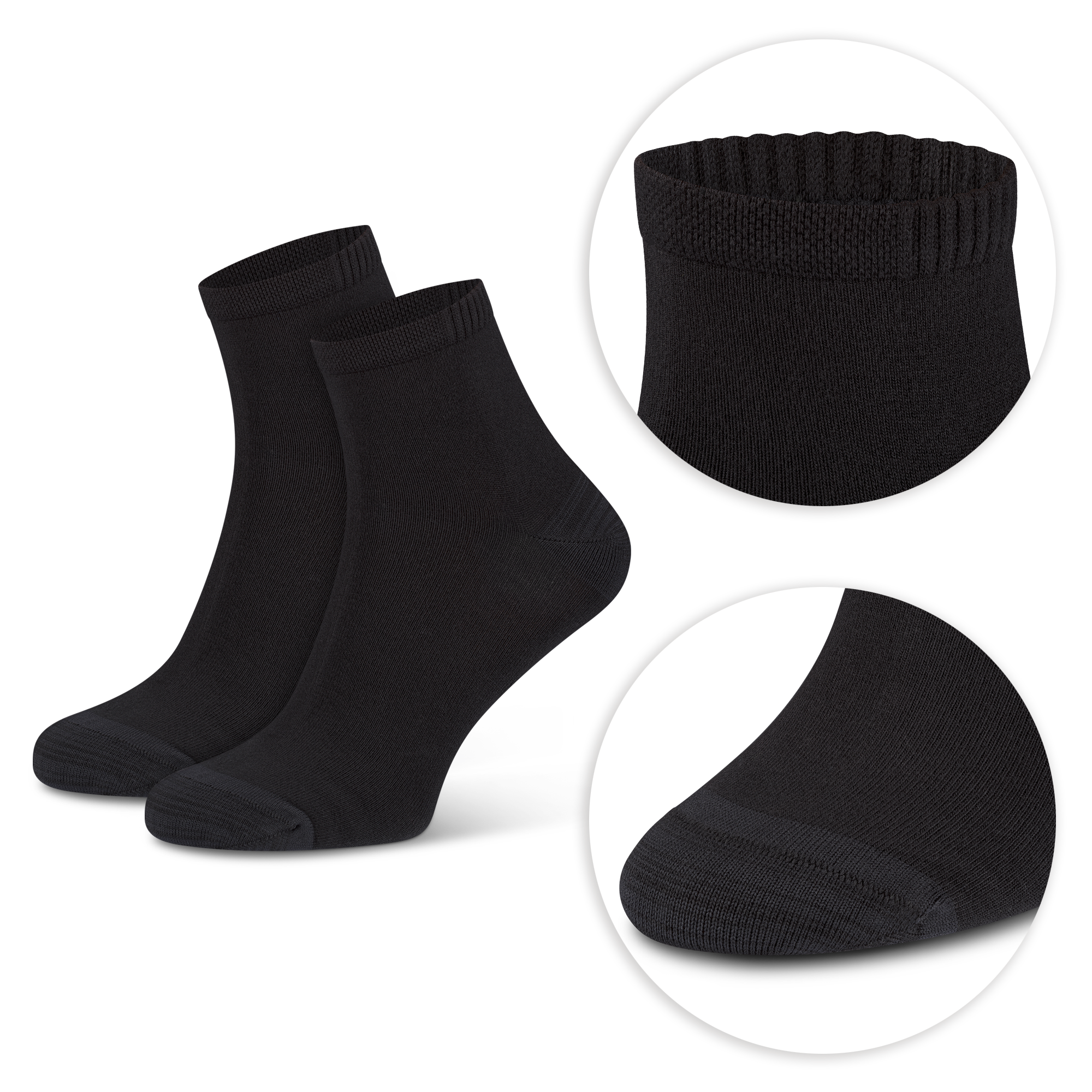 Schwarze bamboo:line Kurzschaft Socken mit Detailansichten von softem Bund und flacher, druckarmer Fußspitze