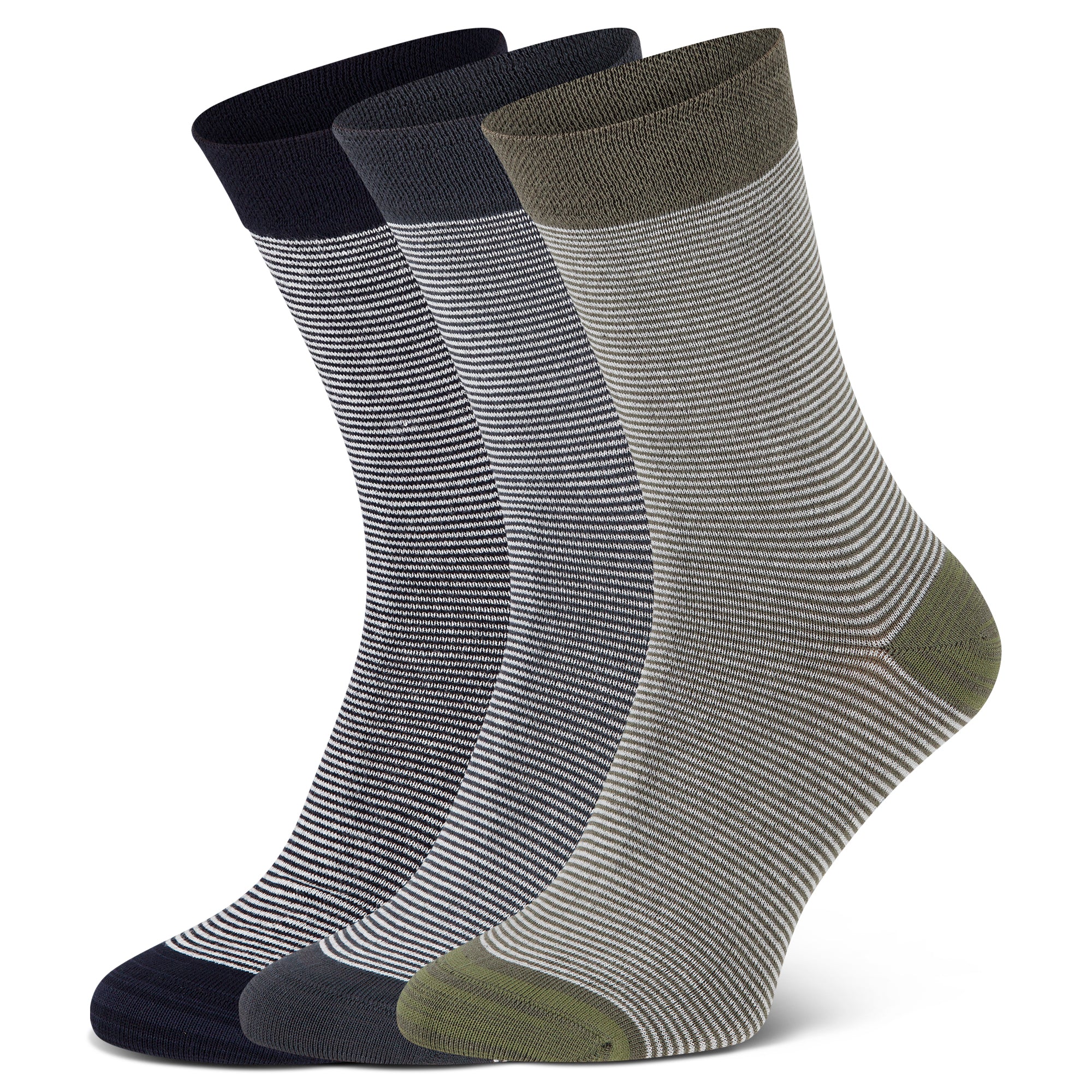 Bambus Viskose Socken für Damen und Herren im 3er Pack mit feinem Ringelmuster in Blau, Grau und Oliv