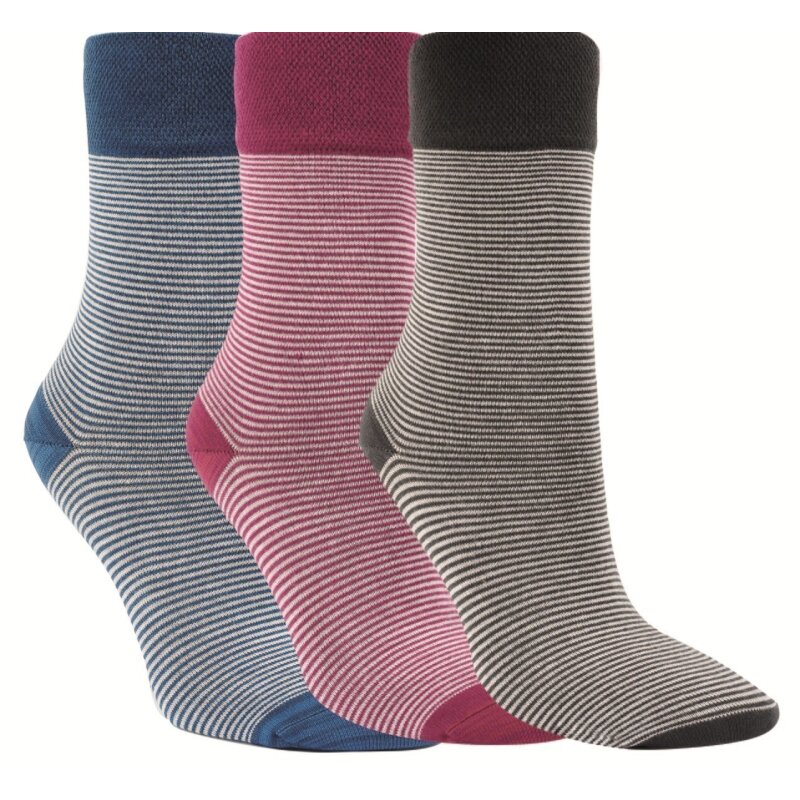 Bambus Viskose Socken mit feinen Ringeln im 3er Set in Blau, Rot und Braun mit Softrand, weich und atmungsaktiv