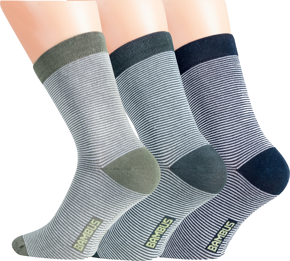 3 Paar Bambus Viskose Socken mit feinen Ringeln in grau, blau und grün mit weichem Softrand