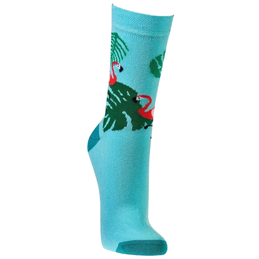 Türkise Baumwollsocken mit Flamingo Motiv und Blättern, bunte Damensocken aus Baumwolle