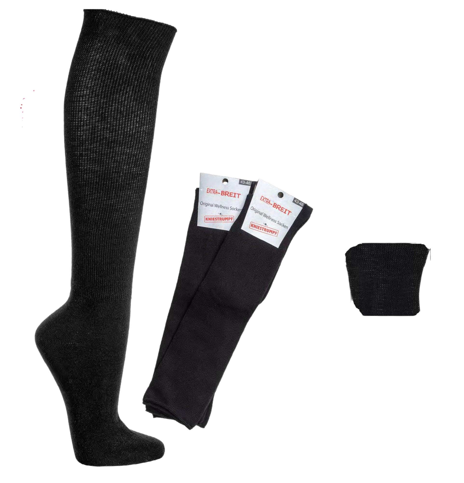 Das BIld zeigt die Socke im Bündel und ebenfalls in schwarz. Ist eine Diabetikersocke knielang