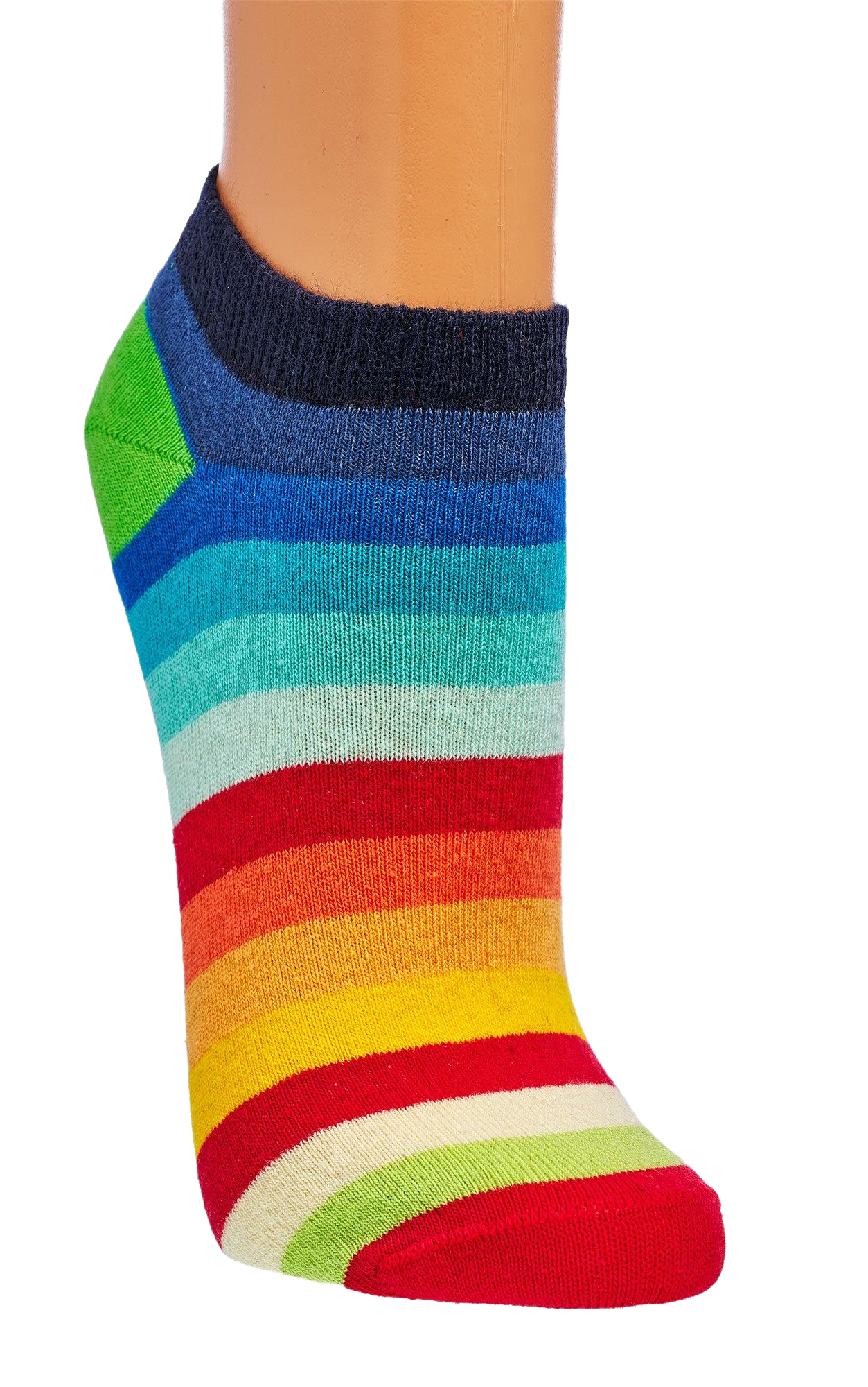Bunte Sneaker Socken mit Regenbogenstreifen aus Baumwolle in der Seitenansicht