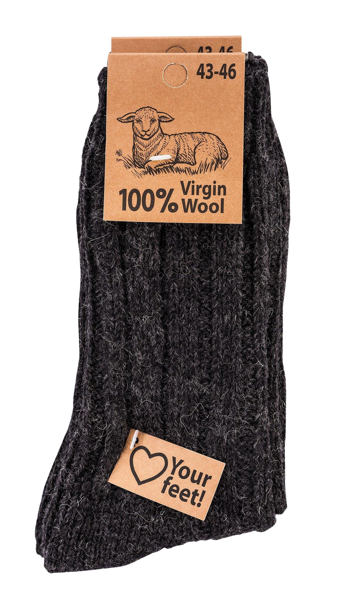 2 Paar warme Wollsocken 100% Virgin Wool Grobstrick in Anthrazit mit braunem Etikett, darauf ein Schaf-Symbol und Größenangabe 43-46, sowie ein herzförmiges Love Your Feet Label