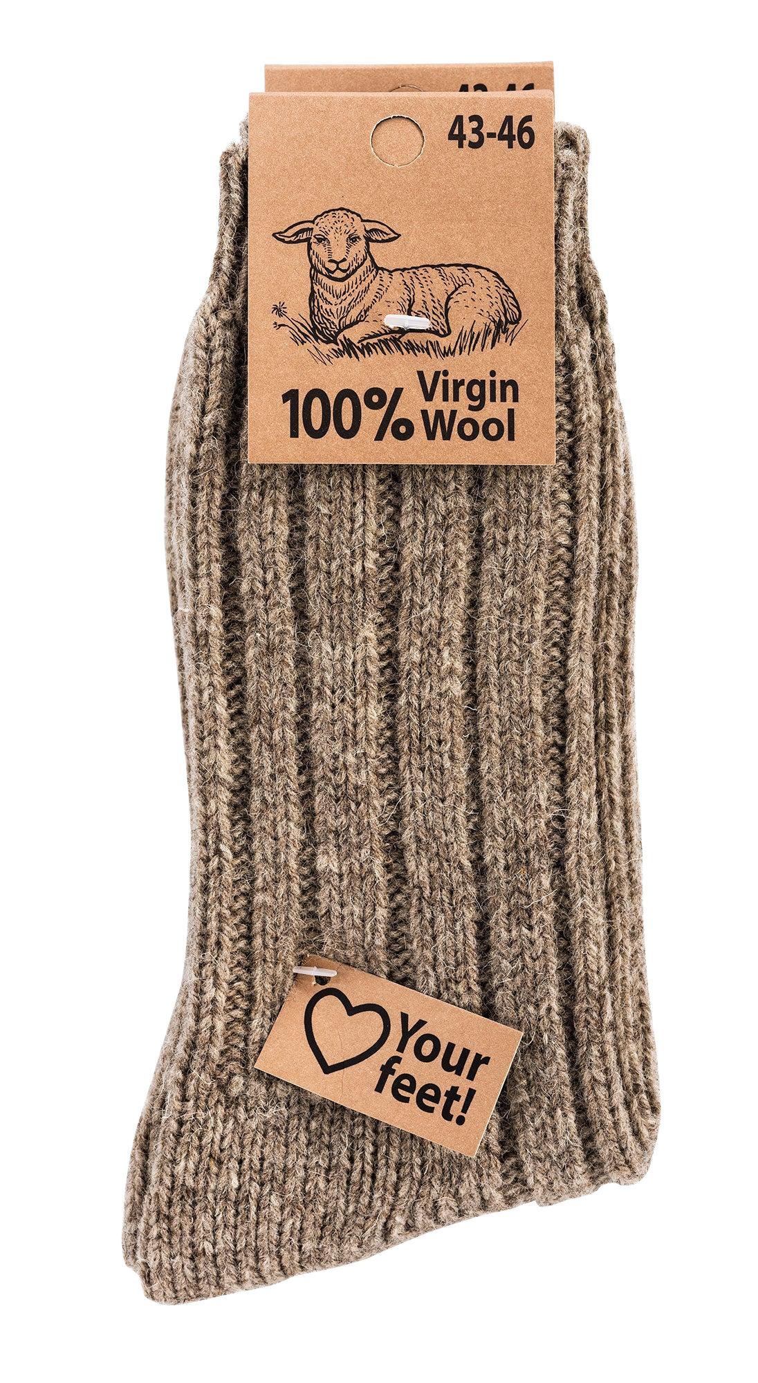 2 Paar warme Wollsocken 100% Virgin Wool Grobstrick Schafwolle in naturgrau mit Produktetikett, Schafsymbol und Größenangabe 43-46, gestrickt im klassischen Rippenmuster für Damen und Herren