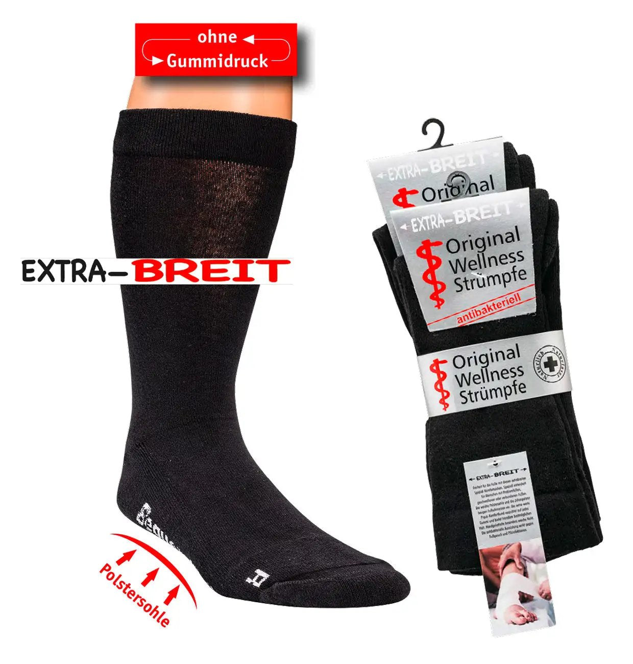 Schwarze extra breite Diabetiker Socken mit Polstersohle, Zehenpolster und Verpackung 