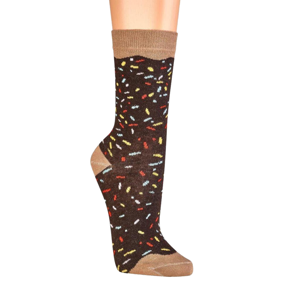 Braune Donutsocken Damen aus Baumwolle mit buntem Streuselmotiv