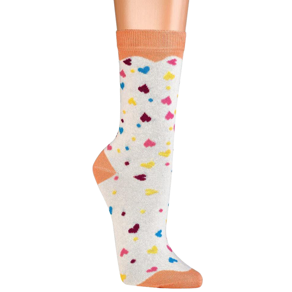 Weiße Donutsocken Damen aus Baumwolle mit buntem Herzmotiv