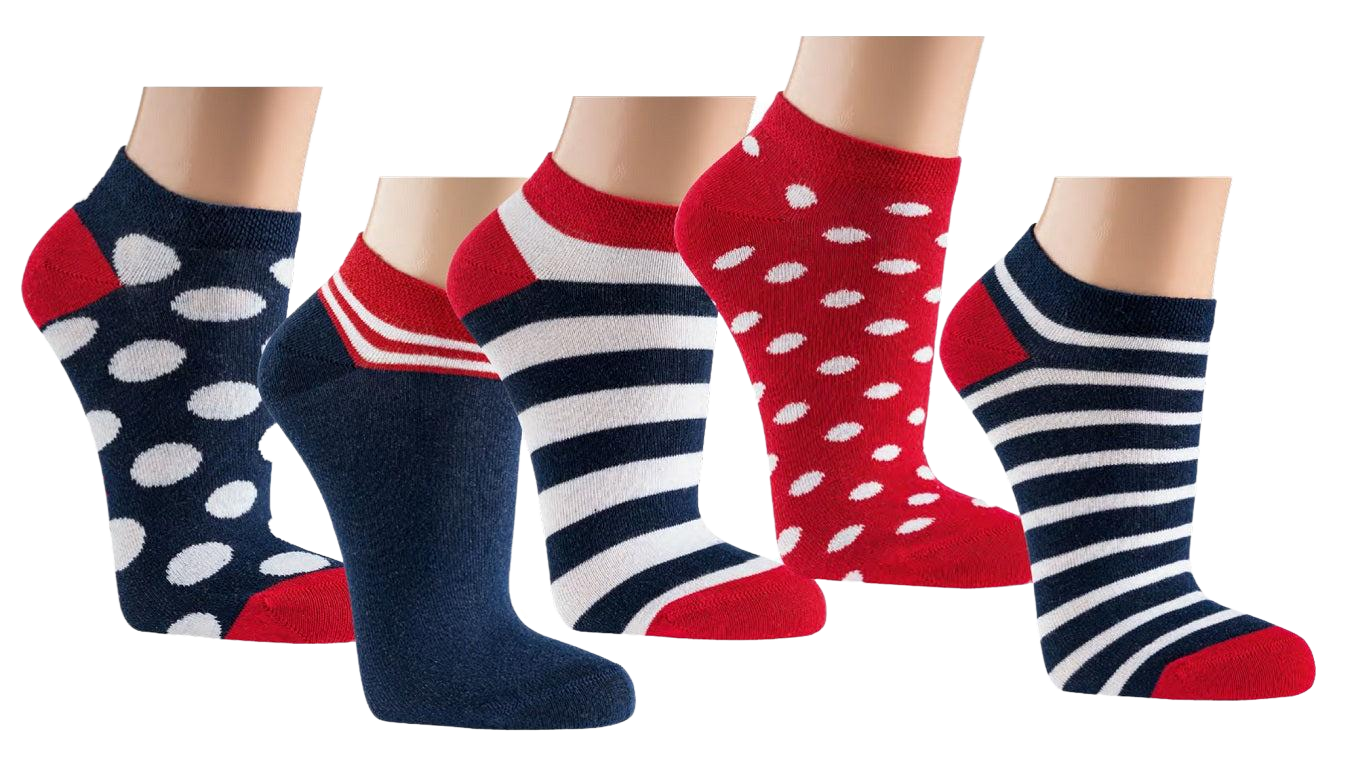 3 Paar bunte maritime Sneakersocken für Damen und Teenager in rot-blau-weissem Design mit Punkten und Streifen aus Baumwolle, perfekt für den Sommer