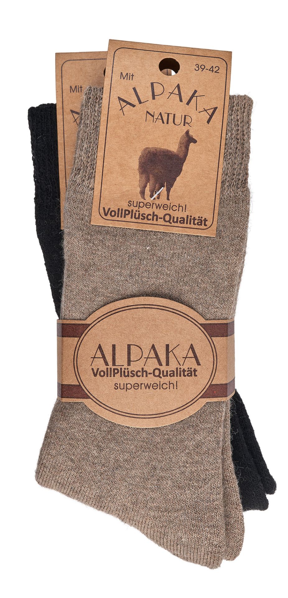 Feine Wollsocken mit Alpakawolle in gedecktem Farbton, assortiert, superweich, Etikett