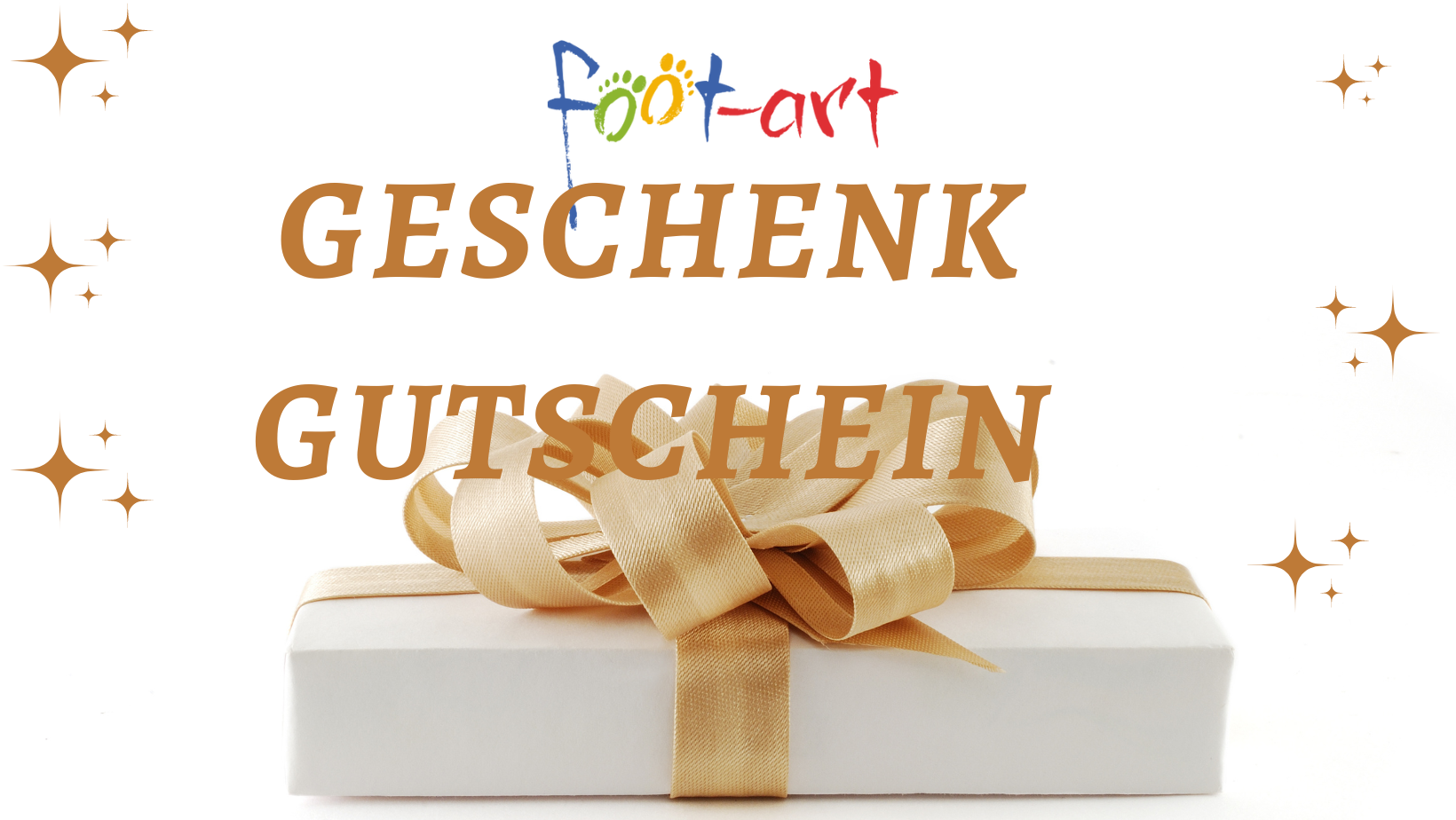 foot-art Geschenkgutschein in eleganter weisser Geschenkbox mit goldener Schleife, umgeben von funkelnden Sternen und buntem Logo