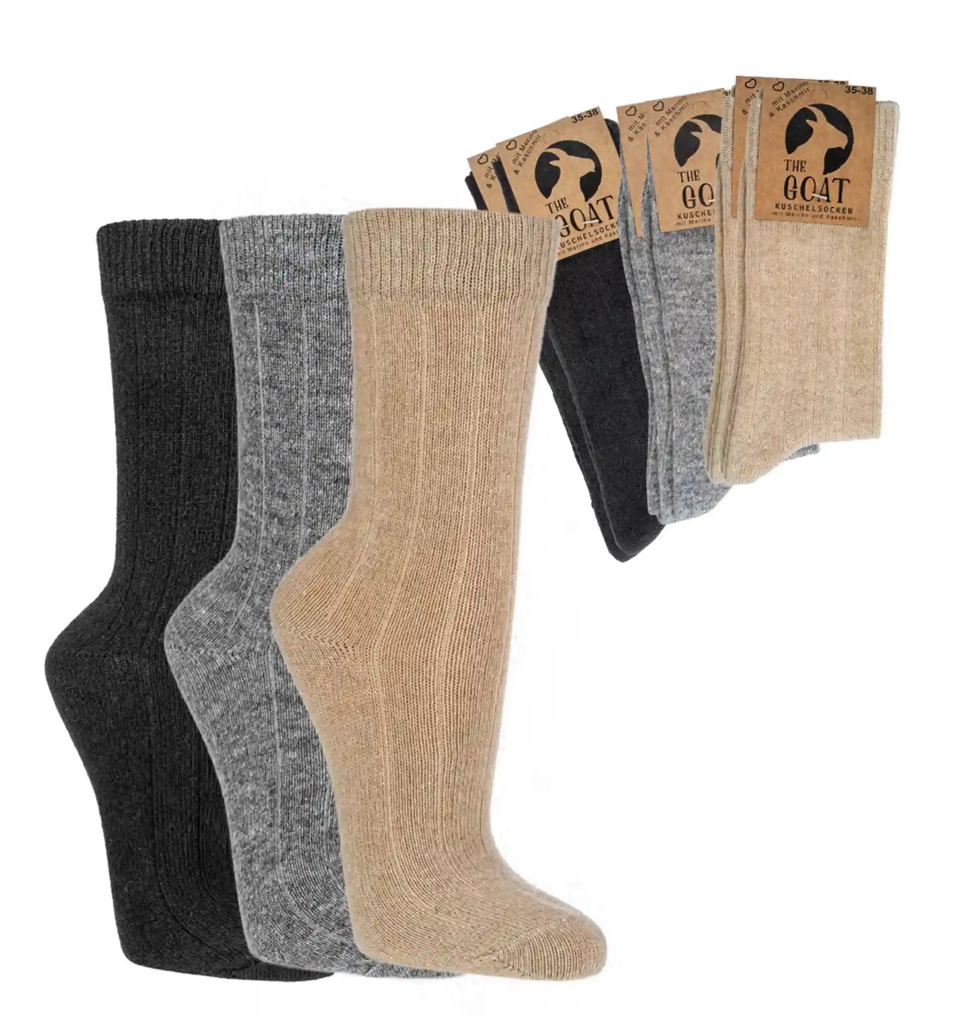 Übersicht Socken mit Merinowolle und Kaschmir in schwarz, beigemelange und graumelange, 2 Paar