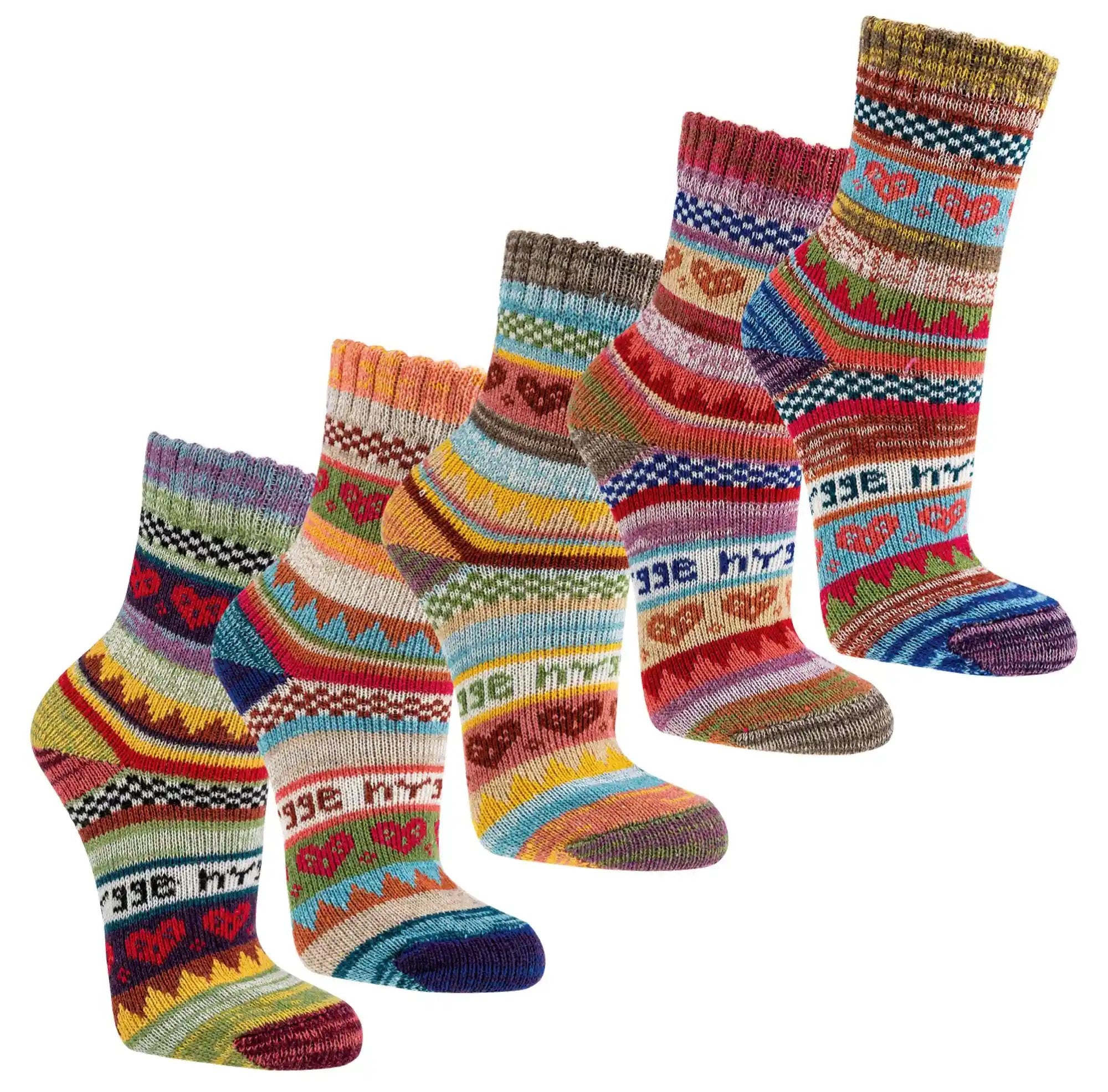Bunte Hygge Baumwollsocken im 3 Paar Set, skandinavisches Norweger Muster, warm und dick