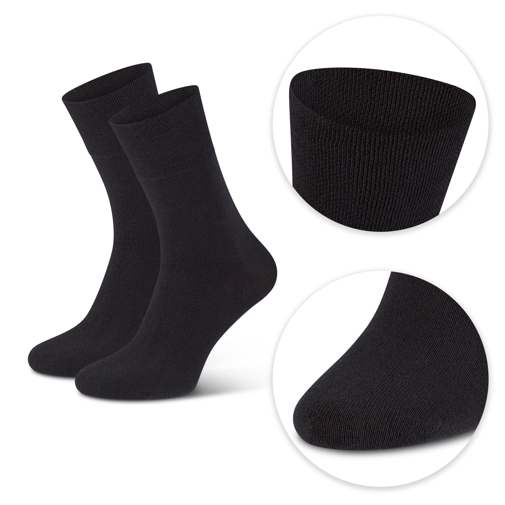 Schwarze Diabetikersocken mit Detailansicht von Bund und Fußspitze