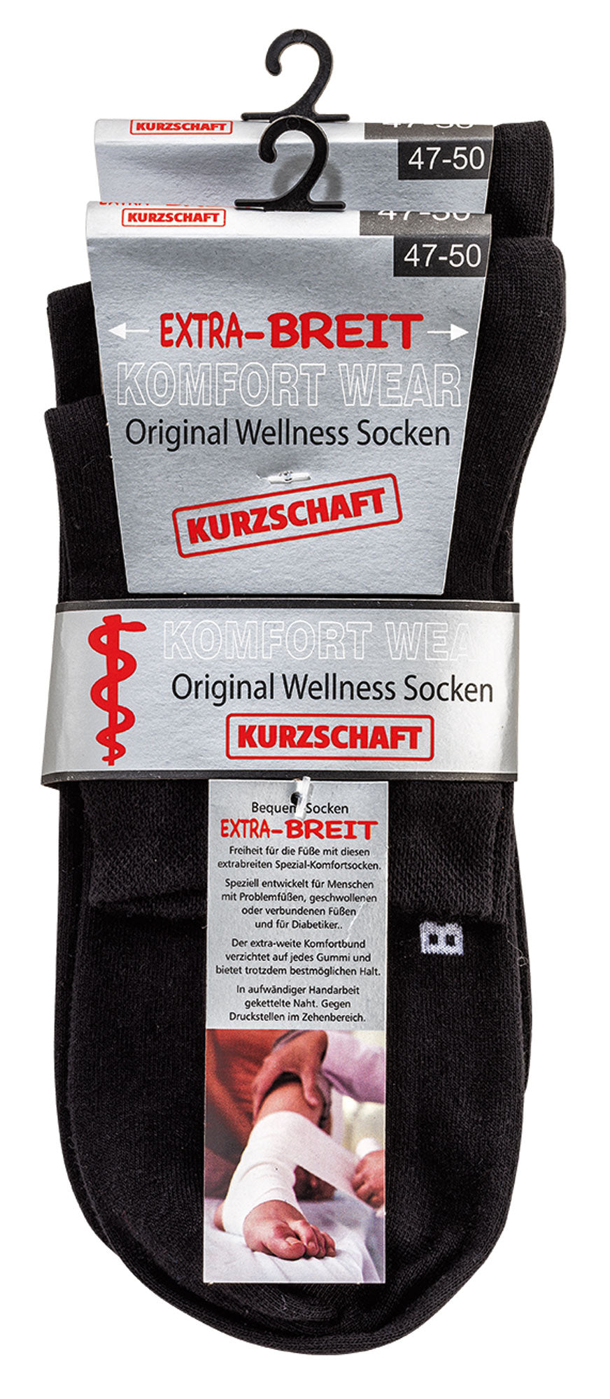 Verpackte schwarze Kurzschaft Diabetiker Socken extra breit im Mehrpack mit Größenhinweis