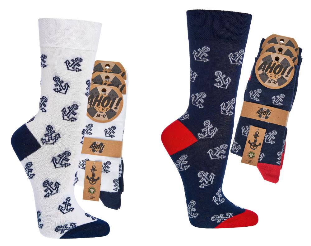 Maritime Bio Socken Anker Motiv in Weiß und Marine aus Biobaumwolle, Unisex Größe 36/41 bis 42/47