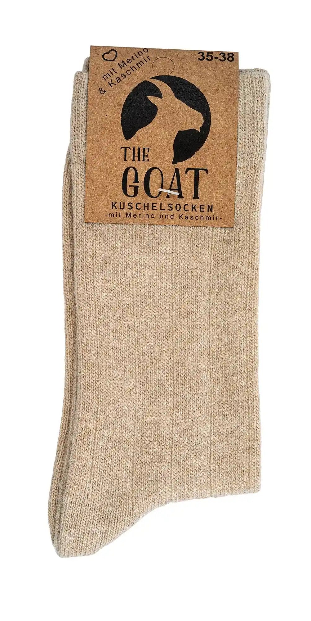 Socken mit Merinowolle und Kaschmir mit Etikett in beigemelange, hochwertige europäische Ware, gefertigt in Portugal
