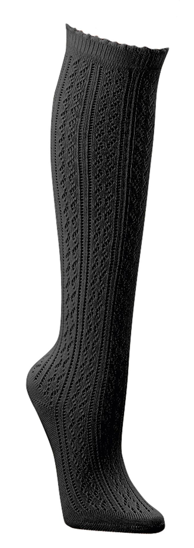 Schwarze Trachtenkniestrümpfe im Häkellook mit Ajour Muster und weichem Wellenrand