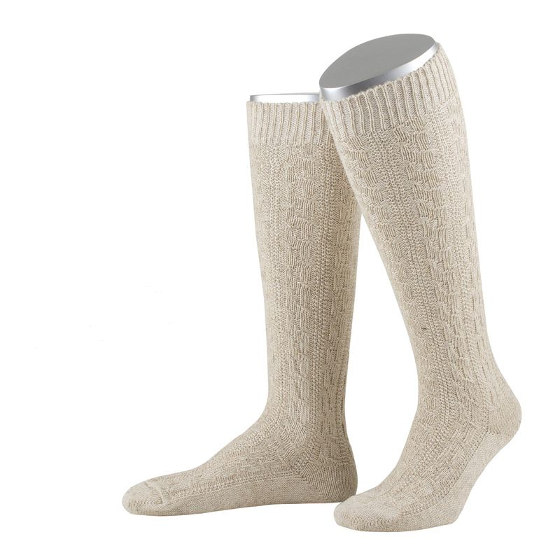 Beige Trachtenkniestrumpf mit Zopfmuster aus Baumwolle und Leinen, knielang mit verstärkter Ferse und Spitze