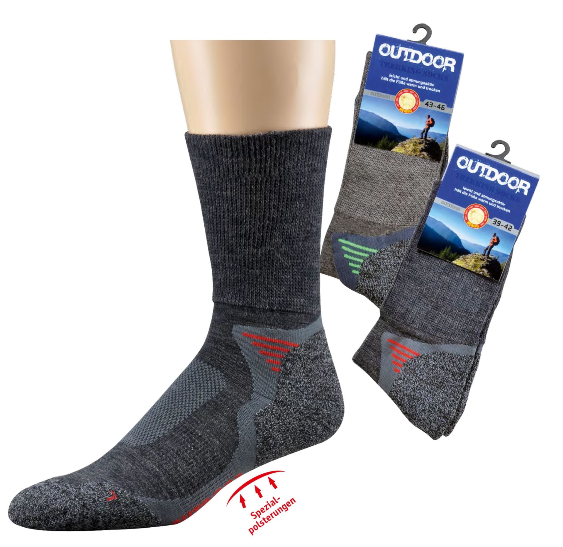 Trekkingsocken Wandersocken mit Merinowolle, gepolsterte Sohle, Produktset mit Verpackung auf weißem Hintergrund