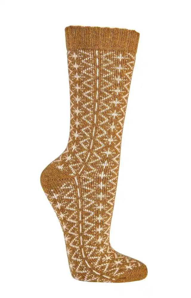 Dicke Wollsocken mit Merinowolle und Alpakawolle im Folklore Design in senf