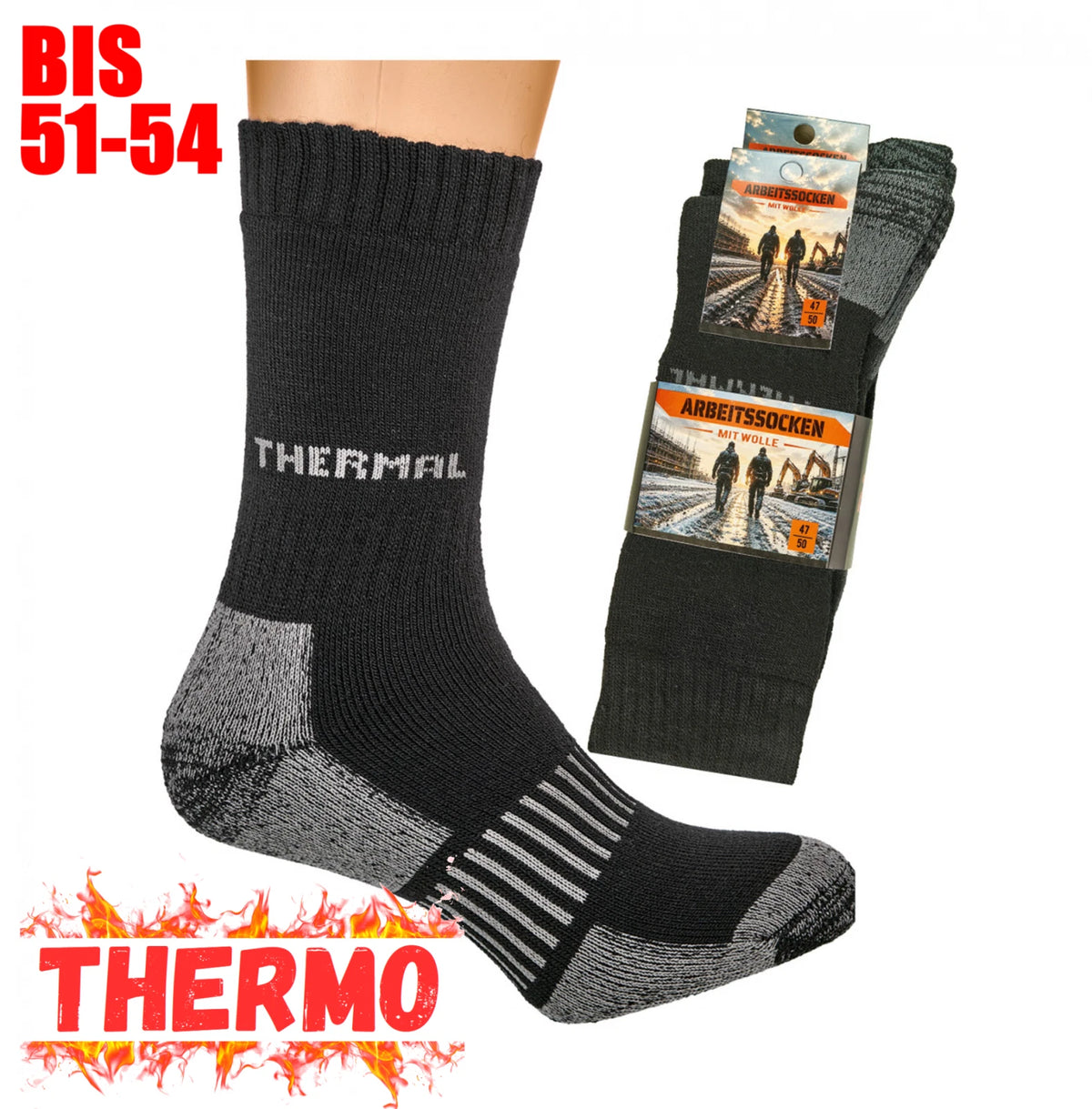 Thermo-Arbeitssocken mit Wolle, Komfortbund und Polsterzonen von Wowerat im 2er-Pack