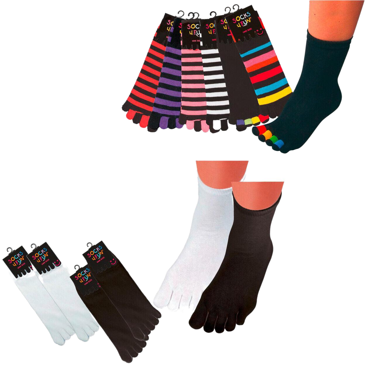 Übersicht der Zehensocken aus Baumwolle in Weiß Schwarz und Ringel Varianten für Damen Herren und Teenager