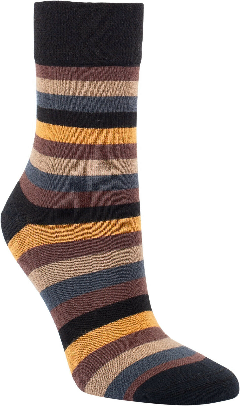 Gestreifte Bambus Viskose Socken in herbstlichen Farben schwarz, braun, beige, blau und gelb mit weichem Softrand, atmungsaktiv und komfortabel für Damen