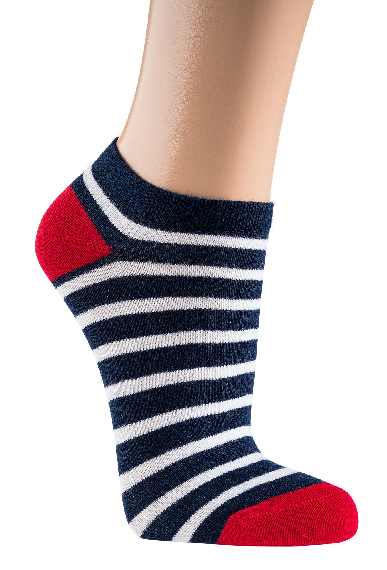 3 Paar bunte maritime Sneakersocken in navy-weiß gestreift mit roter Ferse und Spitze, kurze Baumwollsocken im maritimen Design für Damen und Teenager