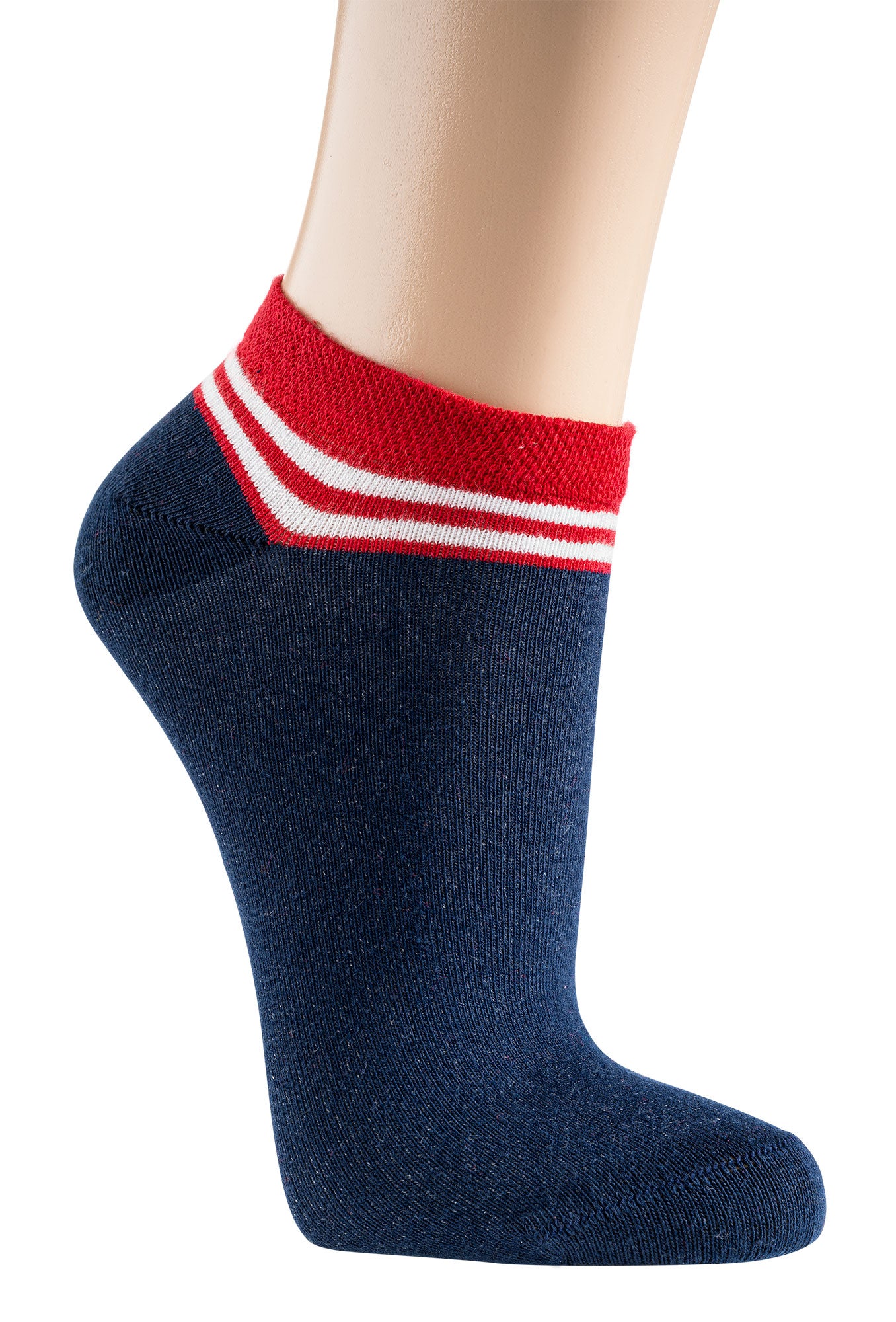 3 Paar bunte maritime Sneakersocken für Damen und Teenager aus Baumwolle Sommer - Marineblaue Sneakersocke mit rotem Bündchen und weißen Streifen, sportlich-maritimer Look für den Sommer