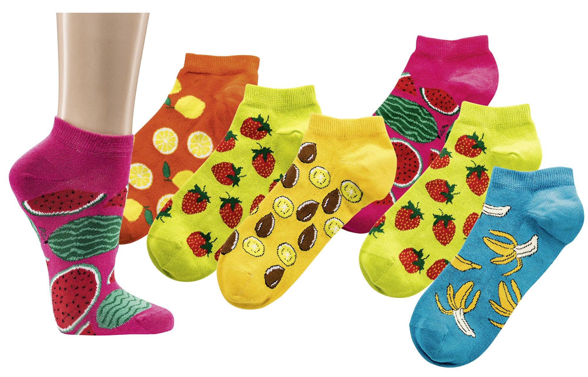 3 Paar bunte Früchte Sneaker Socken mit verschiedenen Fruchtmotiven wie Erdbeeren, Bananen, Wassermelonen und Zitronen in leuchtenden Sommerfarben Pink, Gelb, Orange und Blau