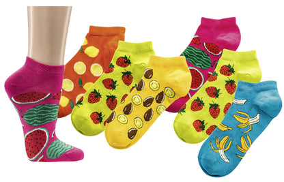 3 Paar bunte Früchte Sneaker Socken mit verschiedenen Fruchtmotiven wie Erdbeeren, Bananen, Wassermelonen und Zitronen in leuchtenden Sommerfarben Pink, Gelb, Orange und Blau