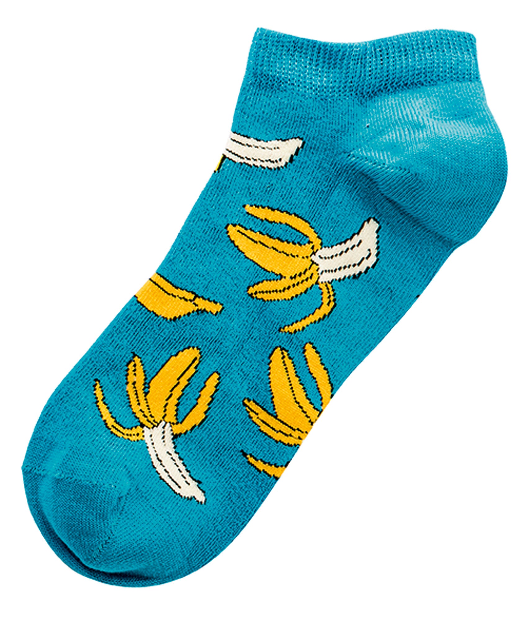 Turkisfarbene Sneaker Socken mit lustigem Bananen-Muster aus der 3 Paar bunten Früchte Sneaker Kollektion für Damen und Teenager, perfekt für den Sommer