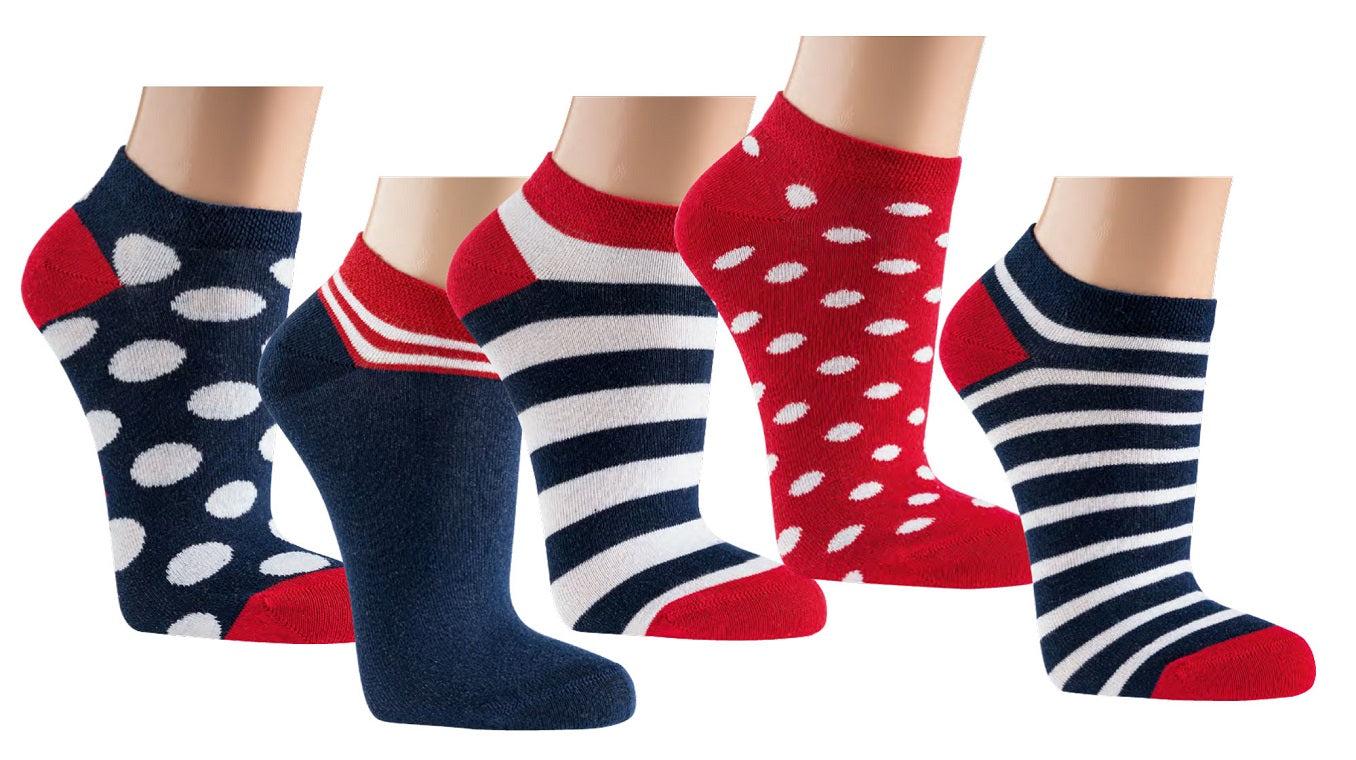 3 Paar bunte maritime Sneakersocken für Damen und Teenager, Set aus Baumwollsocken in Rot, Weiss und Blau mit Punkten und Streifen, knöchelhoch geschnitten