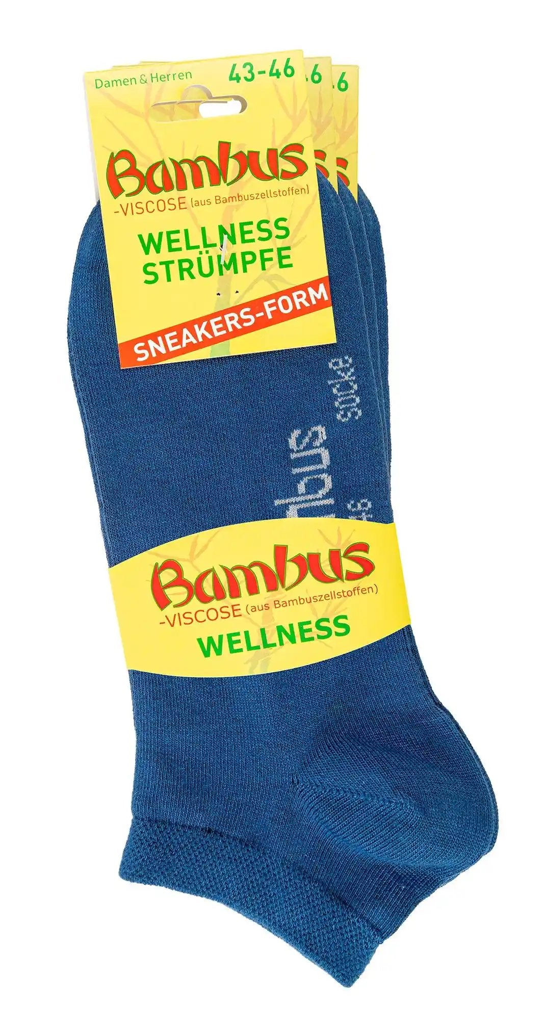 Bambus Viskose Sneaker Socken vielen Farbe bis Übergröße 50 sind hier in der Farbe Blau abgebildet und mit einem Etikett versehen.