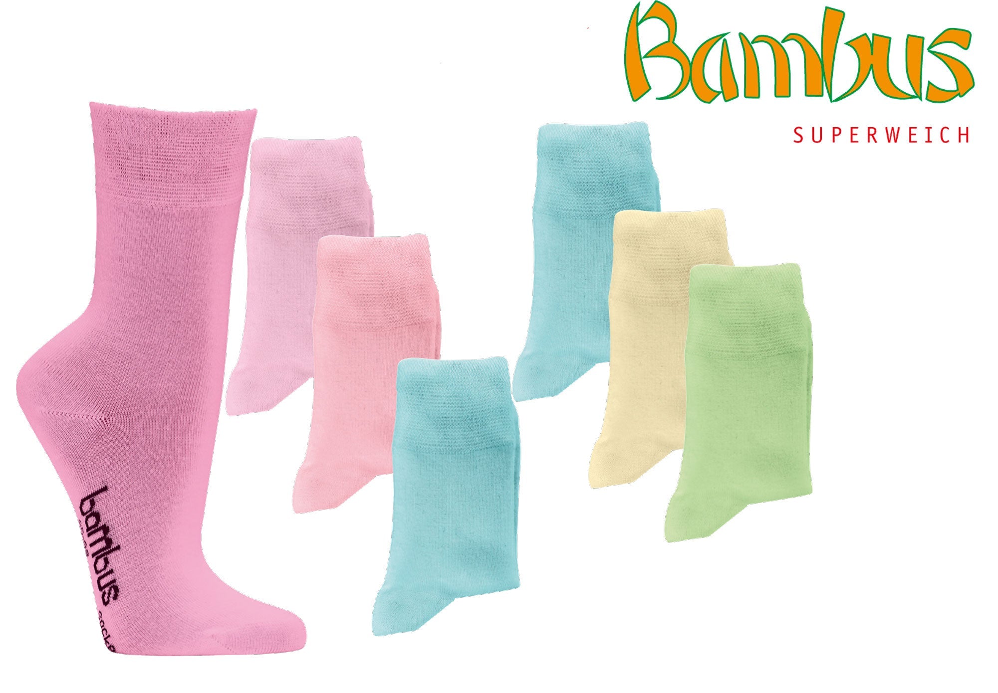 3-15 Paar Bambus Viskose Socken in pastelligen Farbtönen - Rosa, Hellblau, Gelb und Mint, mit Superweich-Komfortbund und handgekettelter Fußspitze für optimalen Tragekomfort